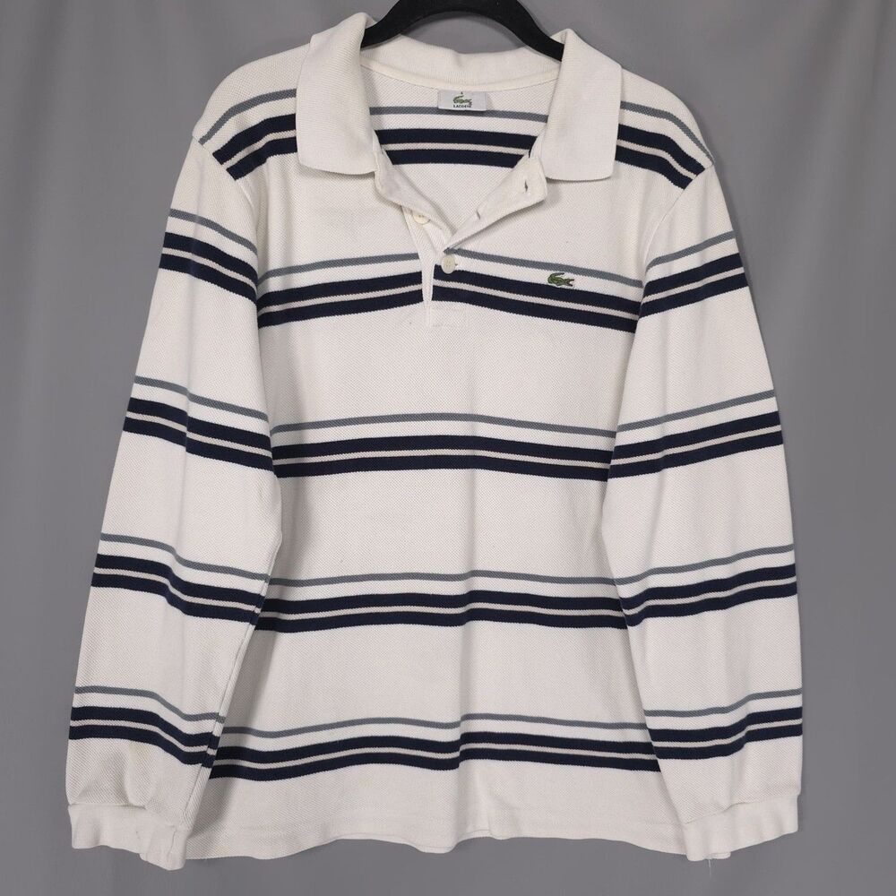 LACOSTE Men’s Shirt Polo 6 Striped Long Sleeve Pique Polo White Navy Vintage
